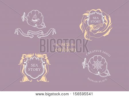 Set creative marine emblem, the mermaid and shell with a shield