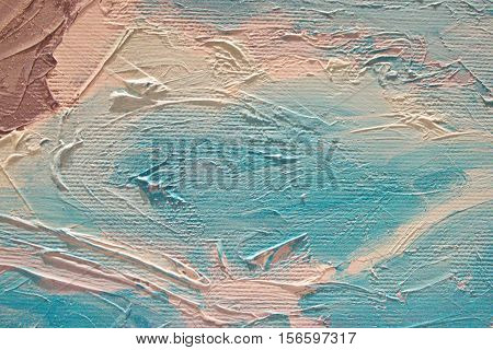 Oil Painting close up texture pallete knife storkes of brown blue turquoise and white color