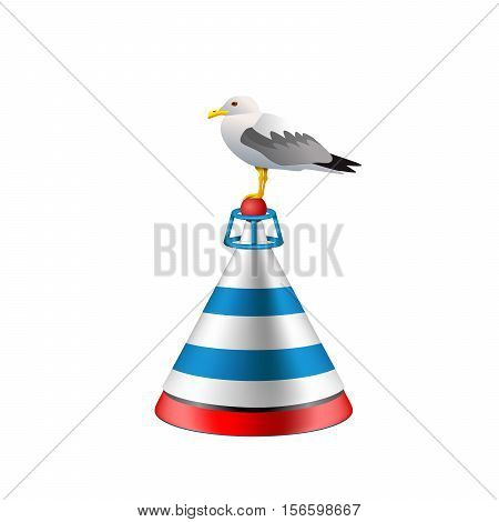 Sea buoy with a seagull on white background. Isolated buoy with blue and red stripes.  Vector EPS10 nautical realistic illustration.