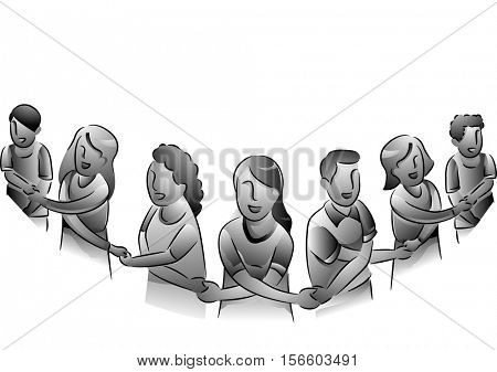 Black and White Illustration of People Forming a Human Chain in a Show of Unity