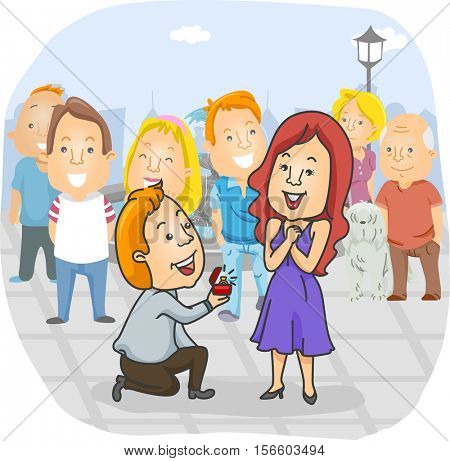 Romantic Illustration of a Man Offering an Engagement Ring to His Girlfriend in Public