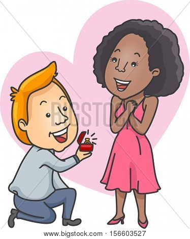 Romantic Illustration of a Caucasian Man Offering an Engagement Ring to His African Girlfriend
