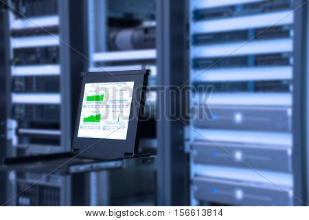 Monitor of monitoring system in data center room with server in rack cabinet