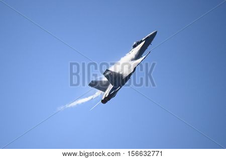 ROME - JUNE 28: A F-18 Hornet of the Swiss Air Force performs at the Rome International Air Show on June 28 2014 in Rome Italy