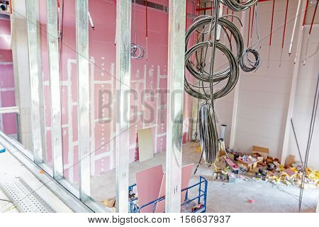 Frame for plasterboard. Gypsum wall is under construction.