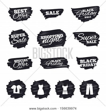 Ink brush sale stripes and banners. Clothes icons. T-shirt with business tie and pants signs. Women dress symbol. Black friday. Ink stroke. Vector