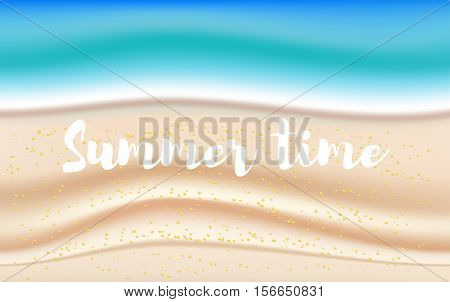 Summer sandy background with sea and beach. Summer time text. Vector EPS10 illustration.