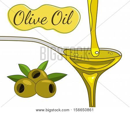 Olive oil flowing in the spoon hand drawn illustration. Olive branch. Sketch style. Vector EPS10.