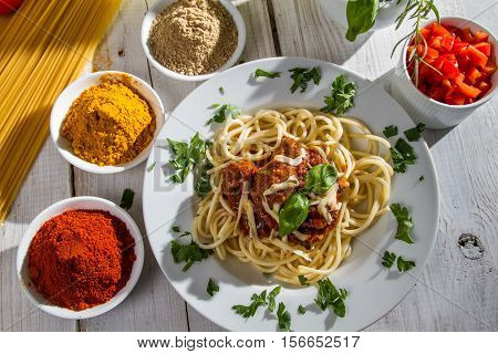 Spaghetti On A Plate Served With Vegetables