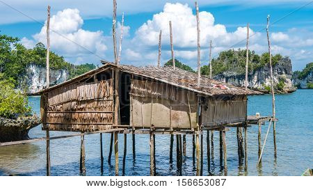 Local Bamboo Hut in Kabui Bay near Waigeo. West Papuan, Raja Ampat, Indonesia.