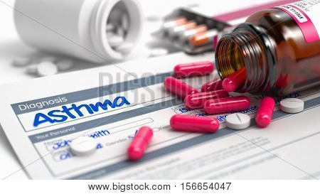 Asthma - Handwritten Diagnosis in the Anamnesis. Medical Concept with Heap of Pills, Close View, Selective Focus. Asthma Phrase in Differential Diagnoses. Close Up View of Medicine Concept. 3D Render.