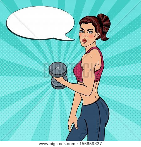 Pop Art Athletic Strong Woman Exercising with Dumbbells. Vector illustration