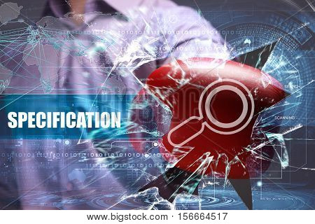Business, Technology, Internet And Network Concept. Young Businessman Breaks The Virtual Future Of T