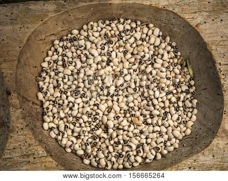 Background of the cream coloured beans at the market close up. Shelled beans pattern close up.
