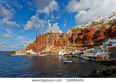 View of Amoudi and Oia village on Santorini island in Greece.