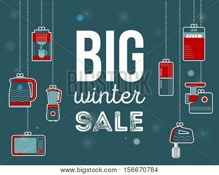 Smart home illustration. Kitchen smart electronics icon. Winter home appliances, household consumer electronics. Smart home banner