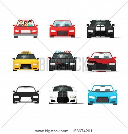 Cars icons set vector illustration isolated on white background, black auto collection front view, flat style vehicles, sport, taxi, police automobile, tuned and broken car