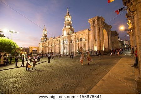 AREQUIPA PERU NOVEMBER 9: Main square of Arequipa with church on november 9 2015 in Arequipa Peru. Arequipa's Plaza de Armas is one of the most beautiful in Peru.