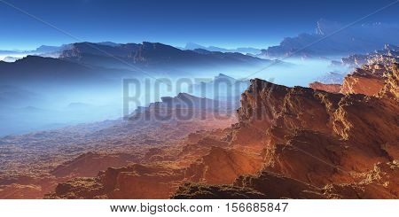 Titan largest moon of Saturn with atmosphere. Surface landscape of Titan. 3D