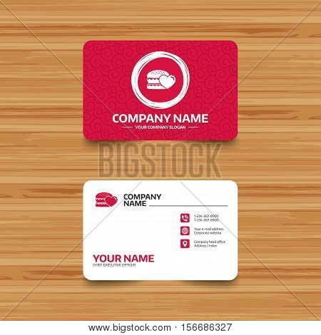 Business card template with texture. Hamburger icon. Burger food symbol. Cheeseburger sandwich sign. Phone, web and location icons. Visiting card  Vector
