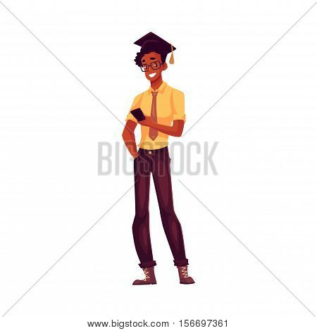College, black university student in glasses and graduation cap holding phone, cartoon style illustration isolated. Male african student in graduation cap, shirt and jeands playing with phone