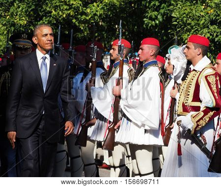Us President Barack Obama Reviews The Presidential Guard In Athens.