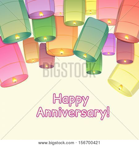 Retro anniversary greeting card with sky lanterns and  and text 