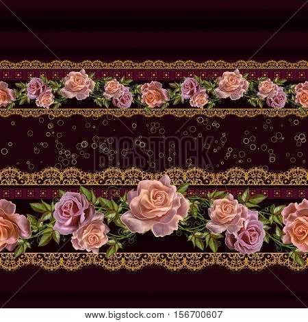Horizontal floral border. Pattern seamless. Flower Arrangement pastel roses gold braiding lace dark brown velvet background with stripes.