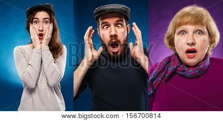 The collage of surprised young men and women