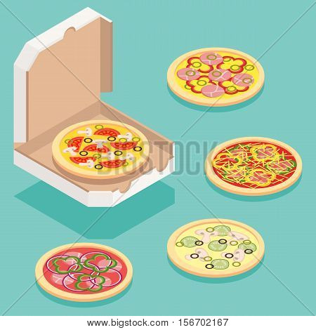 Isometric illustration of different pizza types for order and elivery service.