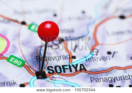 Sofia pinned on a map of Bulgaria