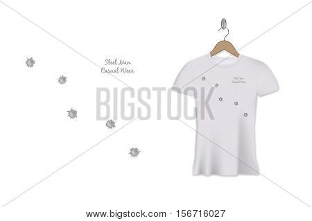 Bullet holes t-shirt print design. Vector template. Steel man casual wear.