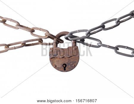Metal chain and lock on the white background       