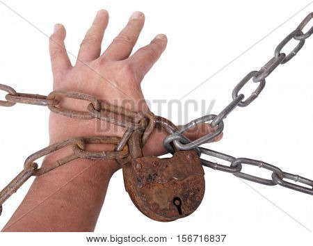 Metal chain and lock whit hand on white background       