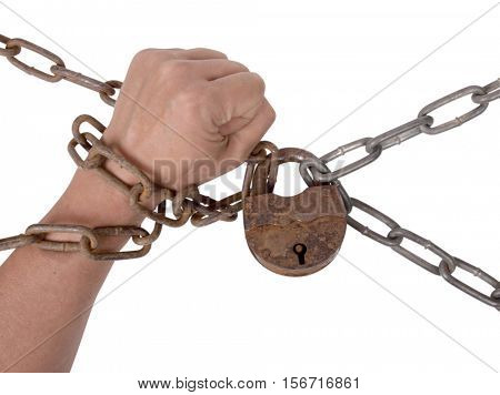 Metal chain and lock whit hand on white background       