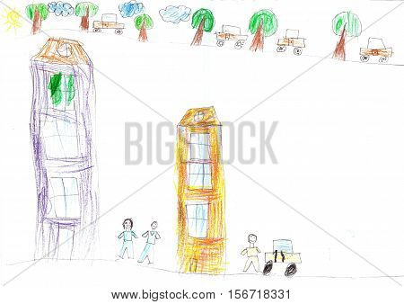 Child's drawing car. Racing on the car