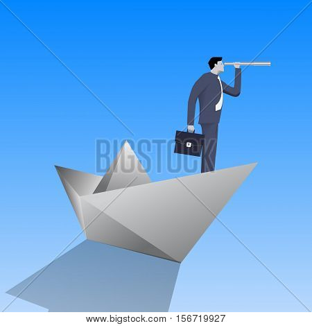 Swimming on paper boat business concept. Confident businessman in business suit with case and looking glass swimming on paper boat. Searching for opportunities looking for solution.