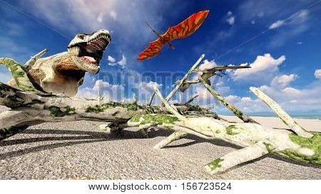 Flying pterodactyl over the land 3d illustration
