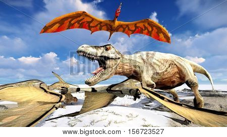 Flying pterodactyl over the land 3d illustration