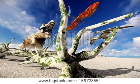 Flying pterodactyl over the land 3d illustration