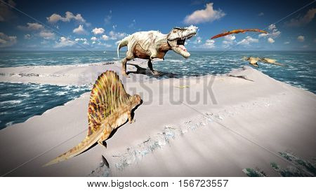 Flying pterodactyl over the land 3d illustration