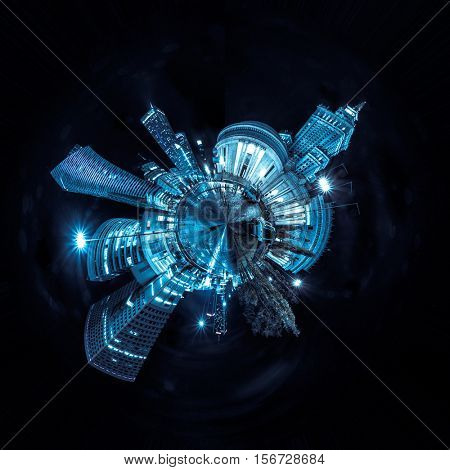 Miniature tiny planet of Night skyline of Warsaw with soviet era Palace of Culture and science and modern skyscrapers. 360 degree montage from 20 images