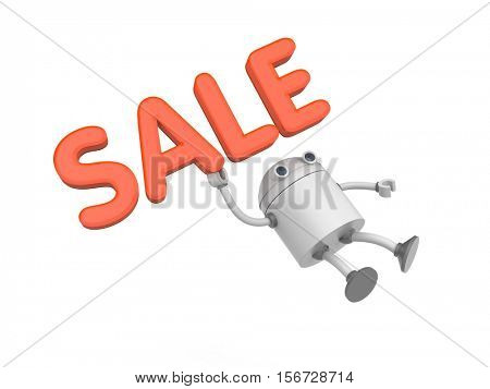Robot with word sale. 3d illustration