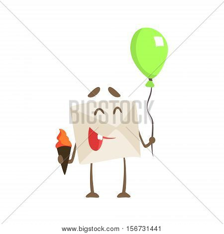 Humanized Letter Paper Envelop Holding Balloon And Ice-Cream Cartoon Character Emoji Illustration. Part Of Mail Cover Funny Character With Arms And Legs Emotional Facial Expression Vector Collection