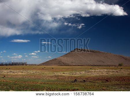 Butte rises from the Rio Grande Valley near Alamosa, Colorado as puffy clouds form above in springtime.