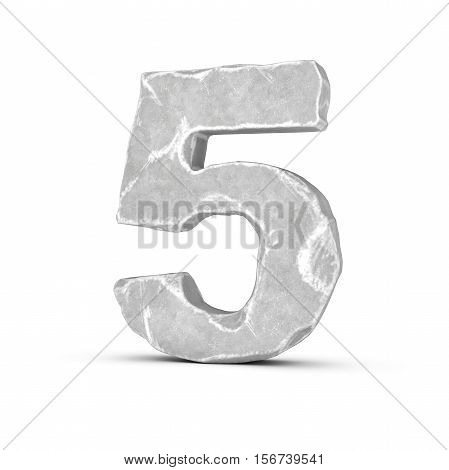 3D rendering of stone number 5 isolated on white background. Figures and symbols. Cracked surface. Textured materials. Rock alphabet.