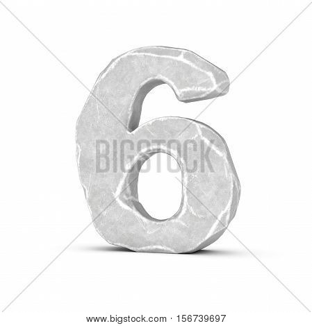 3D rendering of stone number 6 isolated on white background. Figures and symbols. Cracked surface. Textured materials. Rock alphabet.