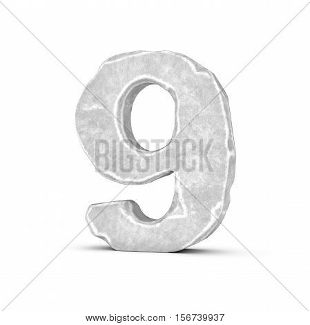 3D rendering of stone number 9 isolated on white background. Figures and symbols. Cracked surface. Textured materials. Rock alphabet.