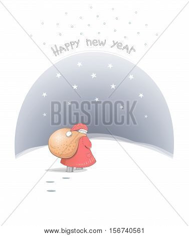 Santa Claus brings gifts in a big bag. Greeting card on new year. Vector illustration.