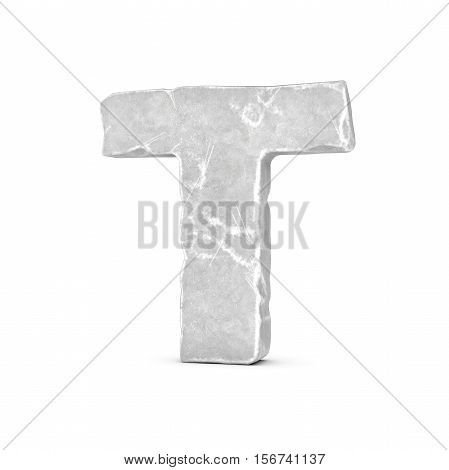 3D rendering of stone letter T isolated on white background. Figures and symbols. Cracked surface. Textured materials. Rock alphabet.